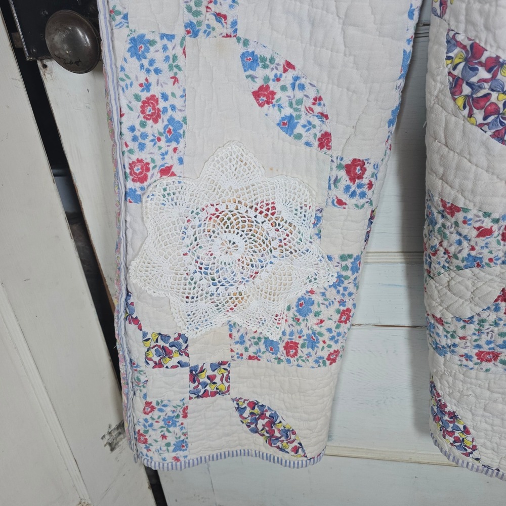 Handmade upcycled vintage quilt pants with embroidered doilie‎ pockets OS - Picture 8 of 9